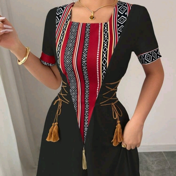 Vintage Pattern Patchwork, Arabic Style, Print, Tassel, Fitted A-Line Midi Dress - Picture 4 of 6